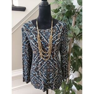 Chico's Black Multicolor Round Neck Long Sleeve Casual Top Blouse Size 2 (Large)